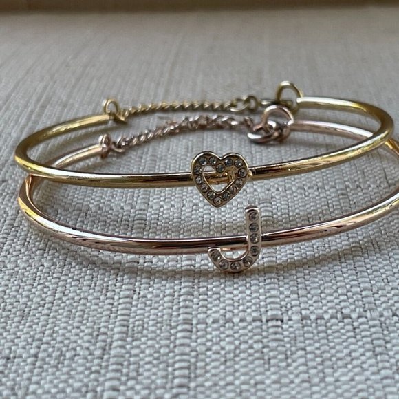 Bracelet Letter J and Heart Gold Tone Rose Gold Tone Fashion Jewelry set of 2 - Picture 7 of 11